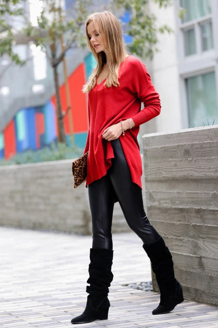 Ruby Red High Low Exposed Seam Sweater