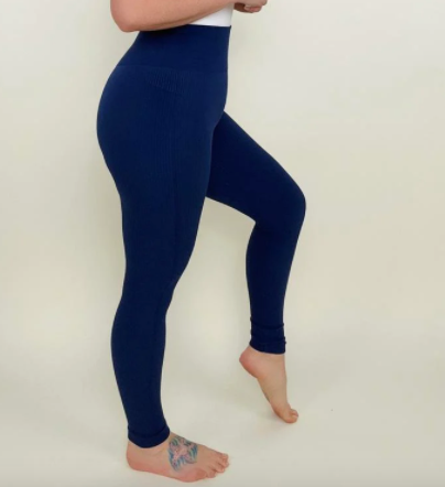 Zenana Ribbed Seamless High Waisted Full Length Leggings in Blue