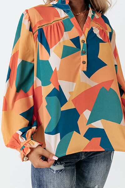 Quarter Button Printed Notched Flounce Sleeve Blouse