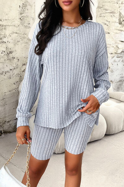 Ribbed Round Neck Dropped Shoulder Top and Shorts Set