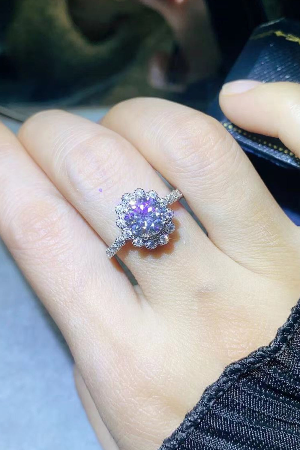 1.5 Carat Moissanite Floral-Shaped Cluster Ring - A captivating and intricate ring design with a sparkling 1.5-carat Moissanite centerpiece arranged in a beautiful floral cluster pattern.