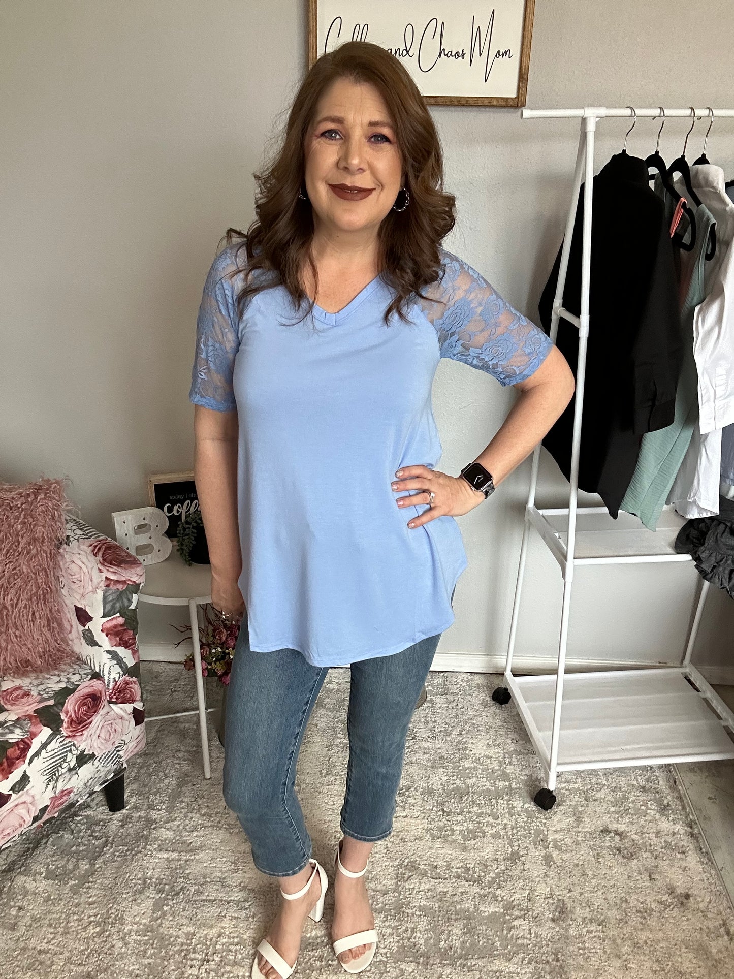 Spring Blue Top with Lace Sleeves