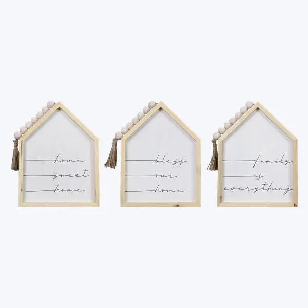 Wood Framed House Shaped Tabletop/Wall Signs with Beads and Tassel